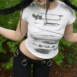 Dark Printed Cropped T Shiirt Gothic Casual Slim O-Neck Short Sleeve Tees Women 2024 Summer Fashion Streetwear Ladies