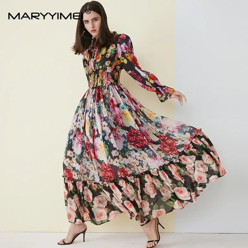 

MARYYIMEI High Quality Women's Summer Bohemia Chiffon Ruffled collar Dress Elegant Elasticity Waist Print Maxi Long Dresses