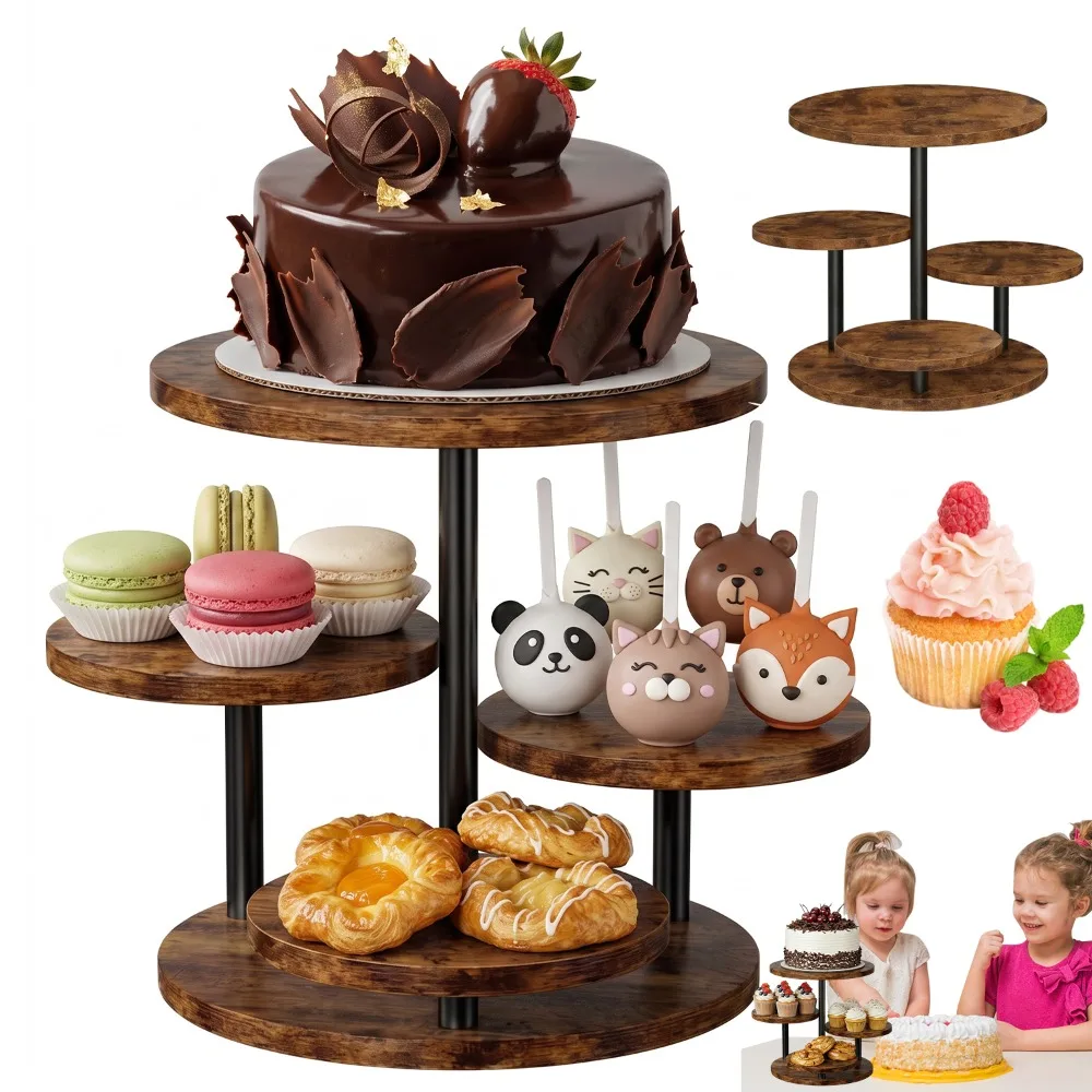 Présentoir à gâteaux rotatif à 4 niveaux, support en bois pour desserts avec cadre en métal robuste, support multi-niveaux pour cupcakes, pâtisseries et collations, idéal pour les mariages, les anniversaires et les fêtes de Noël.