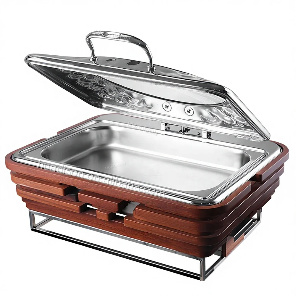 

Huadison Large Party Equipment Elegant Silver Stainless Steel Hydraulic Electric Chafing Dish With Fancy Wood Base