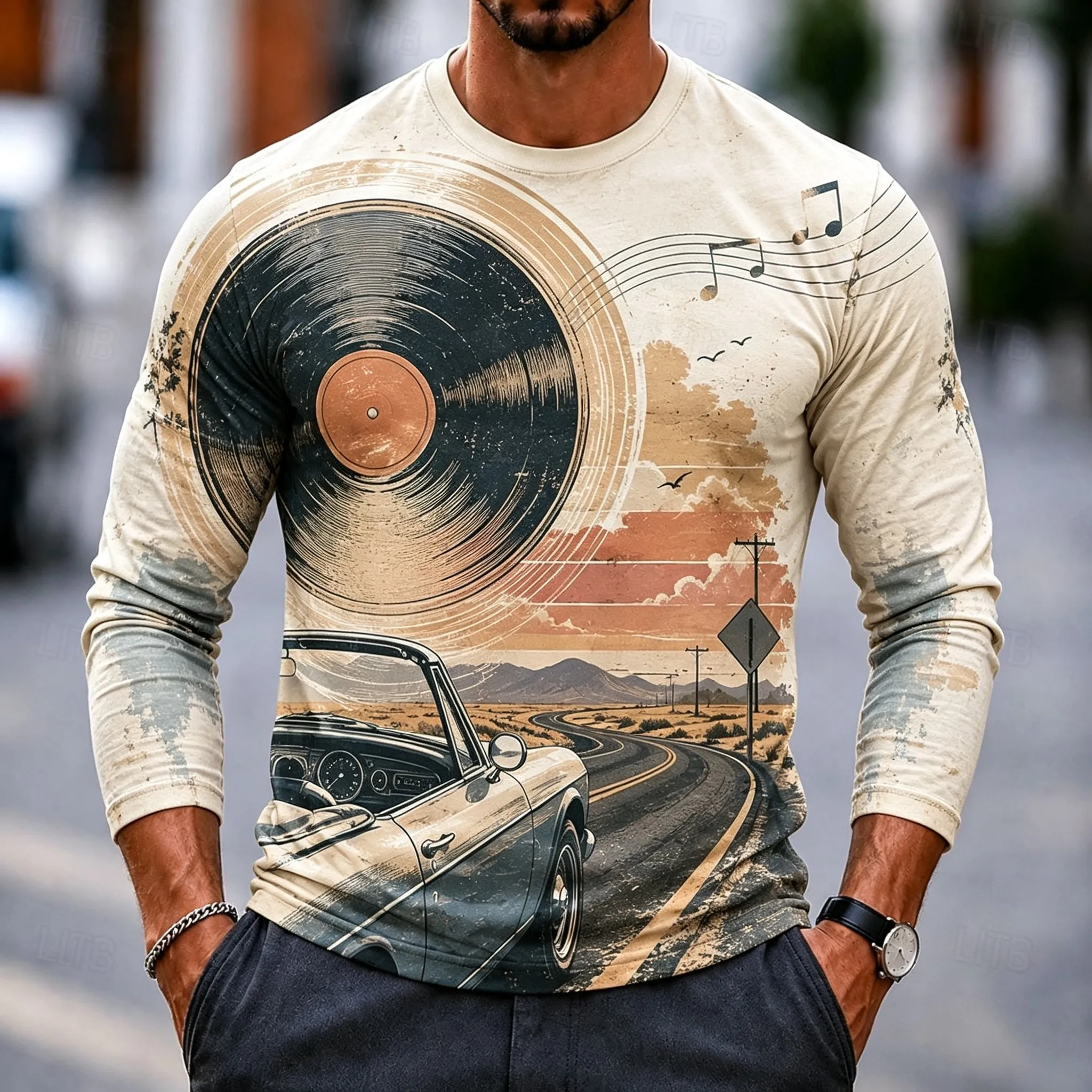 Men's Long Sleeve T-Shirt Vintage Guitar Highway Scenery 3D Print Crew Neck Retro Music Casual Tops
