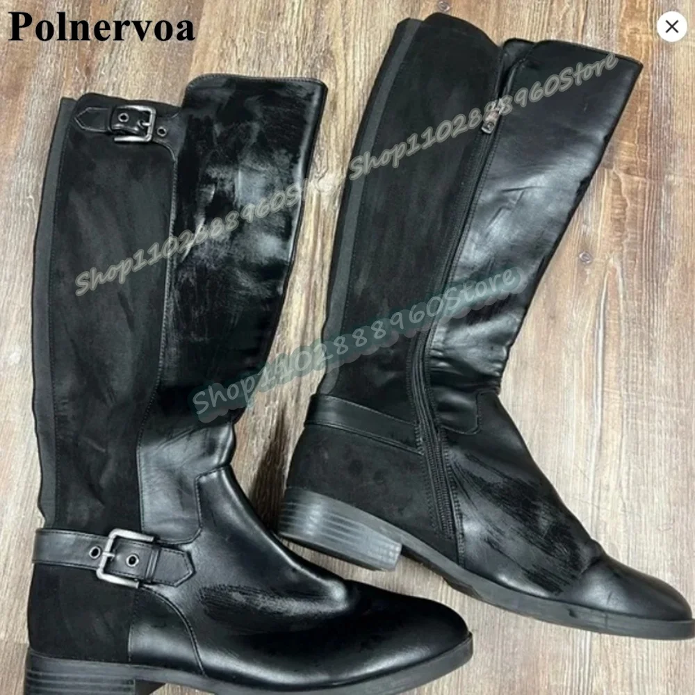 

Knee High Black Splicing Buckle Strap Knight Boots Flats Shoes For Women Side Zipper Round Toe Fashion 2026 Zapatos Para Mujer