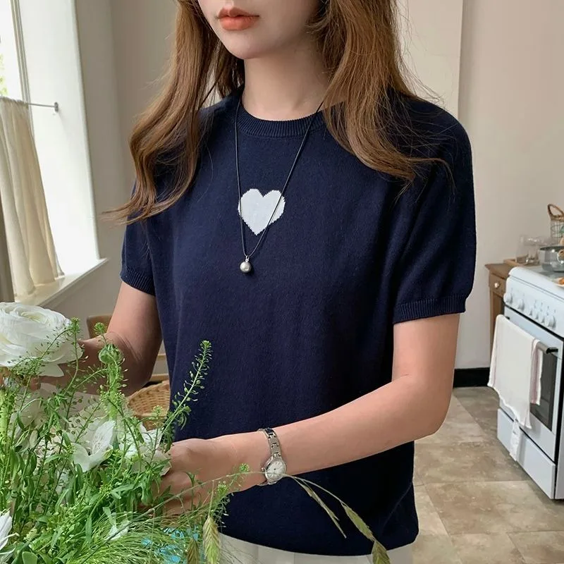 

Women's Cotton Knit T-shirt Heart Pattern Short Sleeve Casual Summer Top