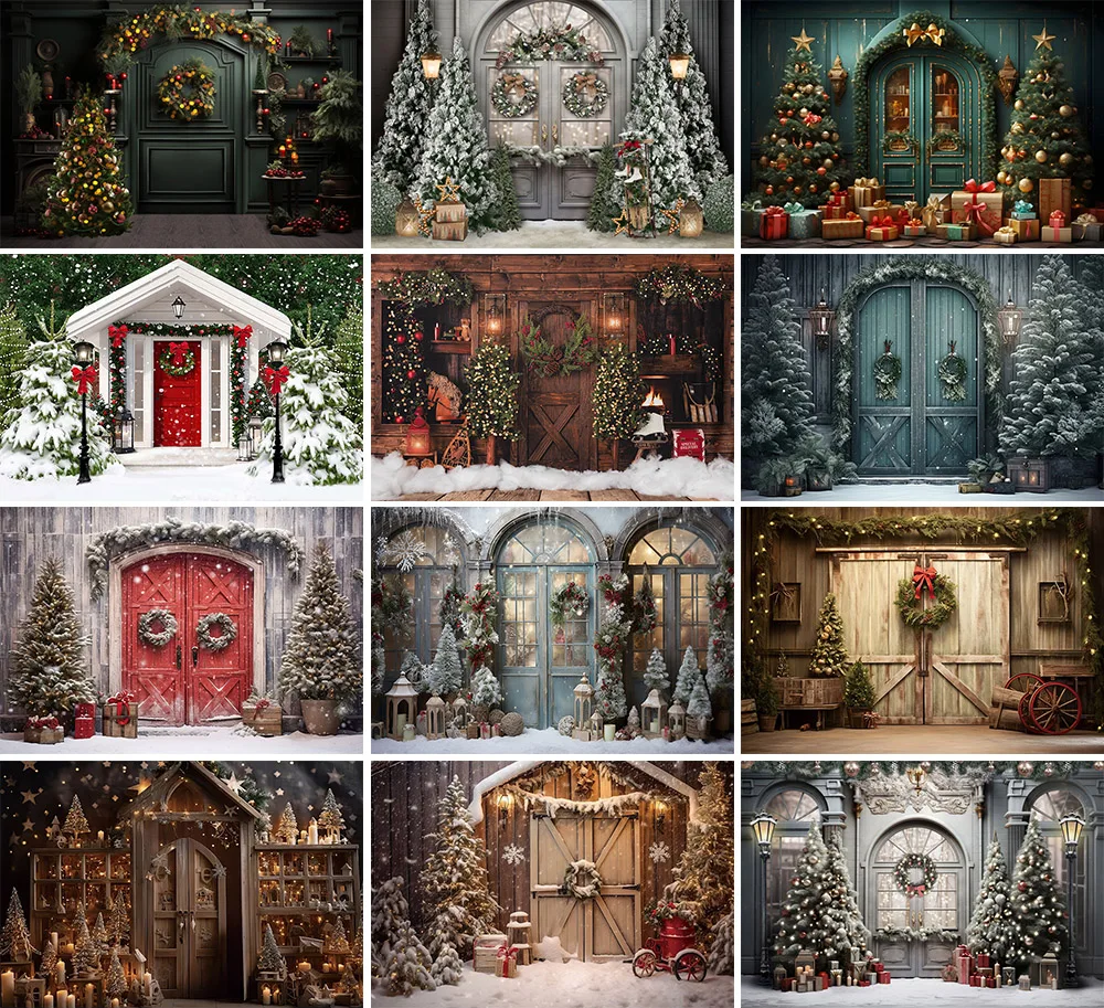 

Mehofond Christmas Vintage Green Door Backdrops Kids Photocall Props Baby Photography Winter Xmas Tree Glitter Background Studio