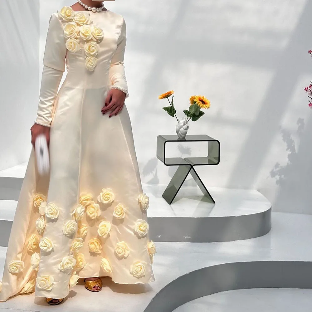 

Customized A-Line Prom Dresses Floor-Length Boat Neck Full Sleeve Evening Gown Fashion Flowers Beading Draped Party Gown