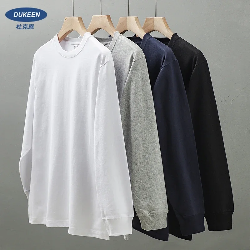 

Dukeen 320 г/м2, тяжелая однотонная футболка с длинными рукавами для мужчин, осенняя однотонная майка, базовые топы из 100% хлопка с круглым вырезом