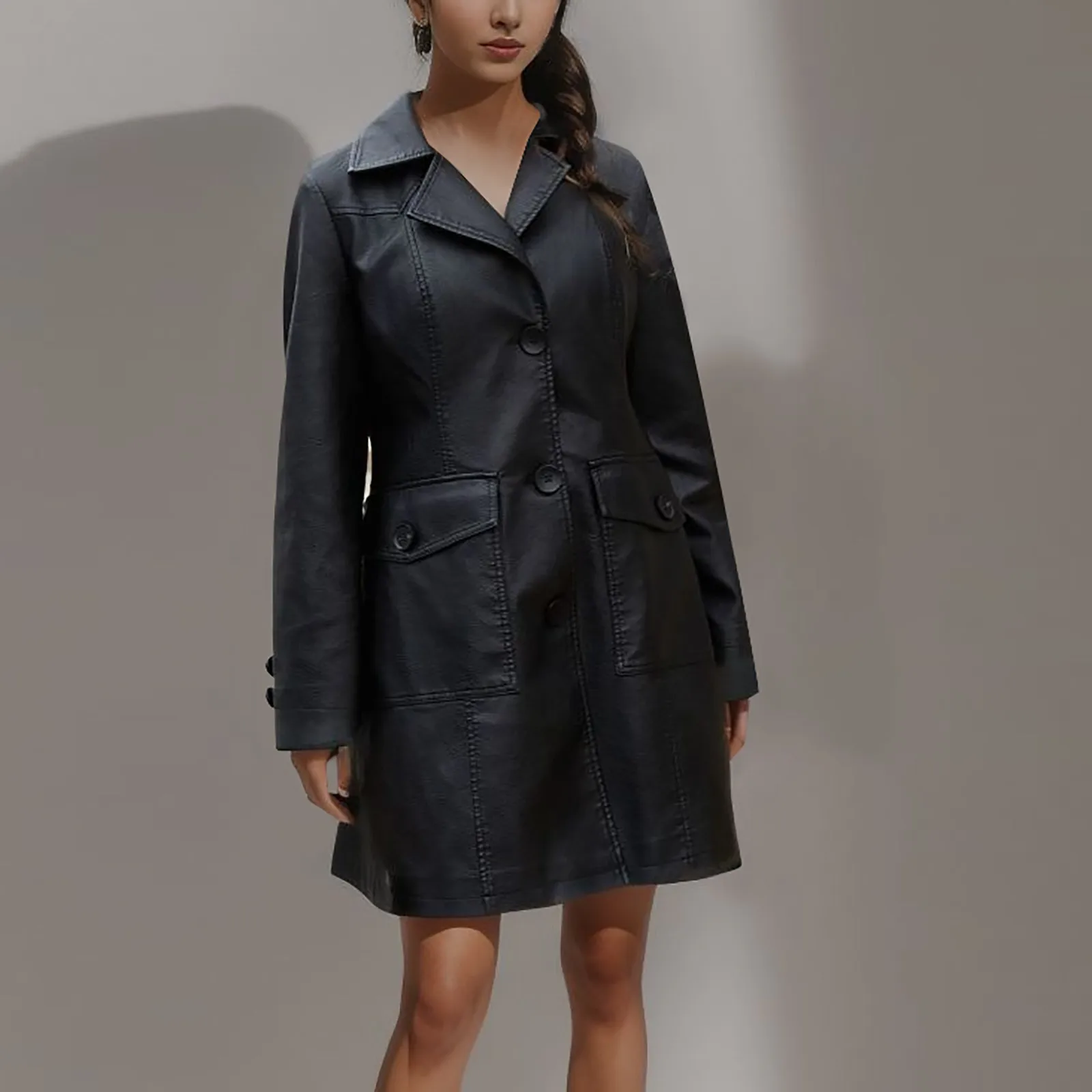 

Women's Fashion British Coat Solid Color Lapel Single Breasted Leather Coat Female Long Suit Jackets Stylish Ladies Blazer