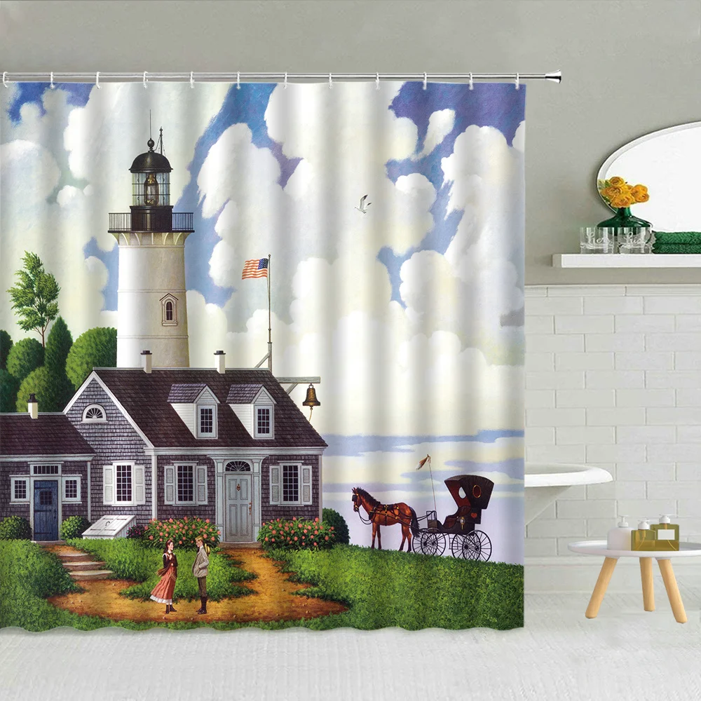 American Retro Seaside Town Scenery Oil Painting Shower Curtain Lighthouse Carriage Plant Bathroom Decor Sea Landscape Curtains