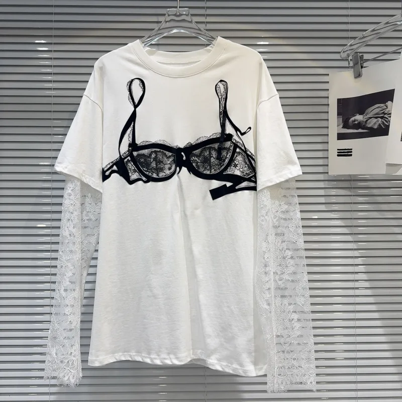 

BORVEMAYS Lace Underwear Decorate T-shirt Loose White Casual O Neck Long Sleeve 2024 Summer New Thin Tops WZ8518