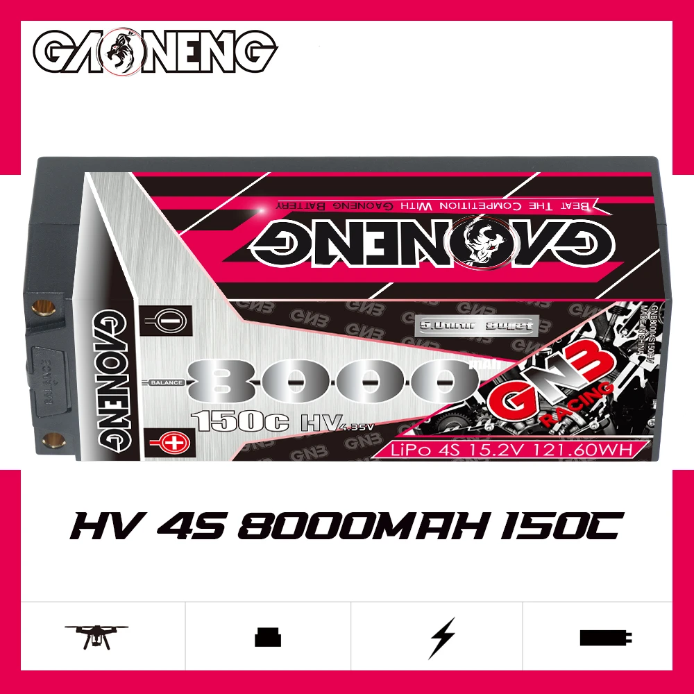 GAONENG GNB 8000mAh HV 4S 150C 300C 15.2V 5mm Built-in Bullet Hard Case LiPo Battery 1/10 1/8 Scale RC Racing Monster