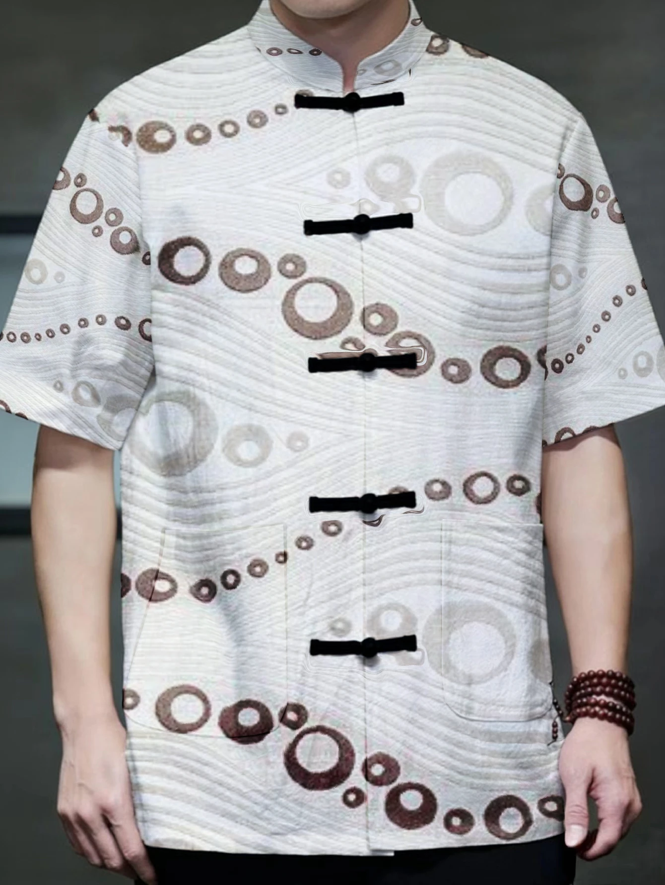 Men Men Modern Chinese Style Shirt Geometric Circle Wave Motif Stand Neck Frog Button Lightweight Street Outfit - Aliexpress Deal