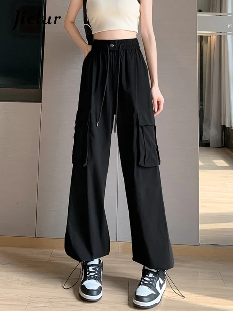 

Jielur American Style Black Female Cargo Pants Summer New High Waist Loose Solid Color Casual Women's Pants High Street Pants