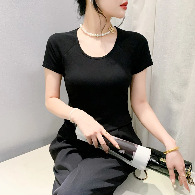 MadBlack New Chinese Clothes Tshirt Woman O Collar Print Mesh Flocking Slim Cotton Top Short Sleeve Tee Summer 2024 T443102JC