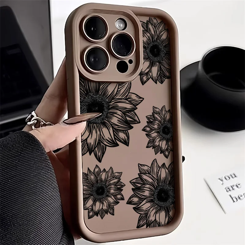 Case For iPhone 15 Cases iPhone 14 Pro Max Case Art Sketch Flower Printed Silicon Case iPhone 13 12 11 16 XS X XR 7 8 Plus Cover