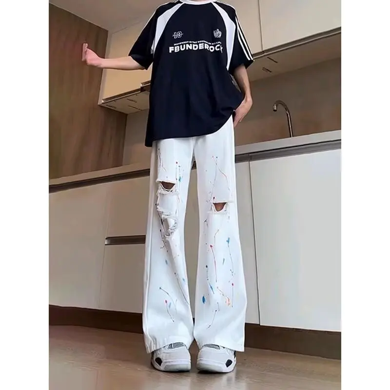 

High Street Graffiti Ripped Jeans Men's Summer Thin Style High-end Straight Flag Pants Handsome White Pants 2000 Y2k Clothes Top