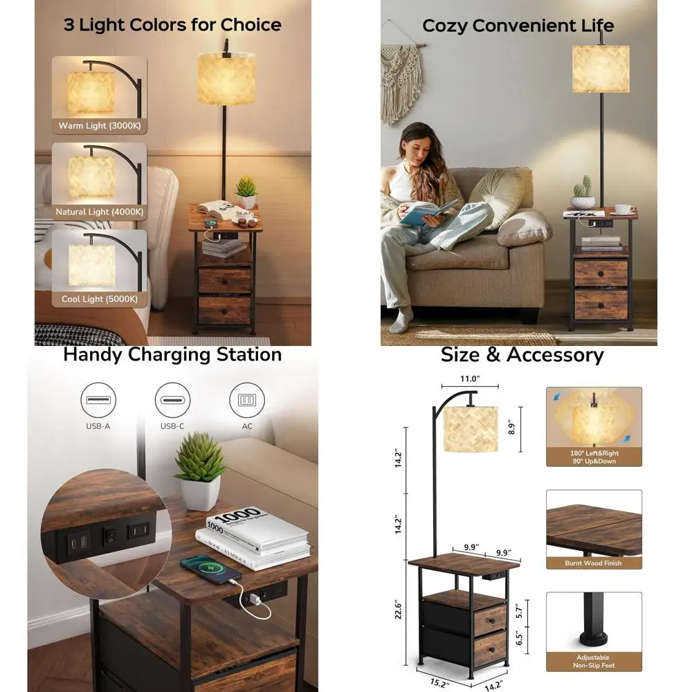 

Multi-Functional Floor Lamp with Table and Drawers, 3-Temperature LED End Table Lamps, Charging Station Included