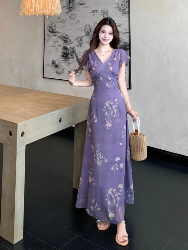 

plus Size Lace Splice Summer New V-neck Waist-cinching Slimming Design Floral Long Dress Korean Style A-line Skirt