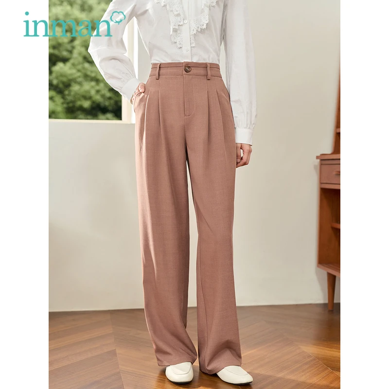 

INMAN Women Pants 2023 Autumn Back Elastic Waist Straight Loose Trousers Pleated Design Fashion Elegant Red Casual Pant