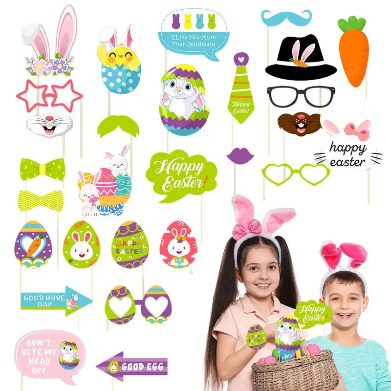 Easter Photoshoot Props 28PCS Photo Booth Props Kit DIY Bunny Egg Easter Party Favors Supplies Easter Decorations For Kids child