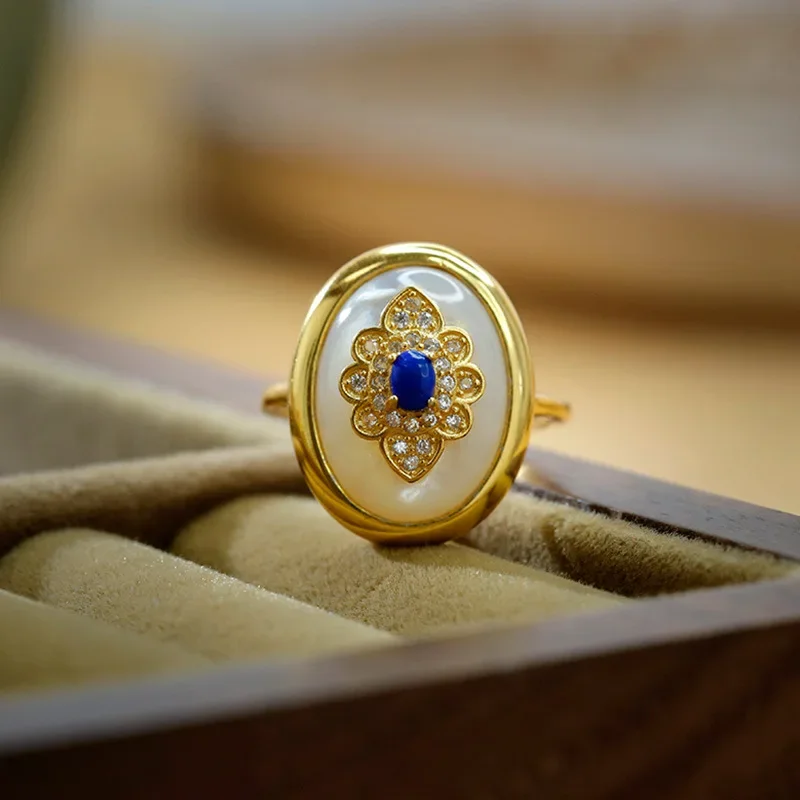 Shining U S925 Silver White Shell Oval Lapis Lazuli Ring Gold Plated for Women Fine Jewelry Gift