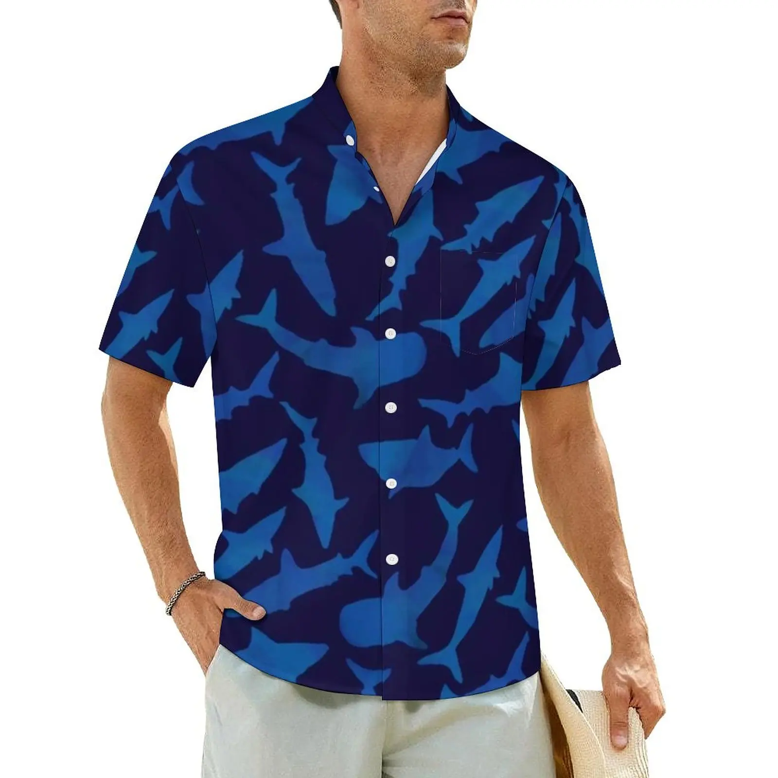 Hawaiian Shirt Beach Blue Shark Art Blouses Seamless Sharks Elegant Casual Shirts Male Short Sleeve Stylish Oversize Clothing