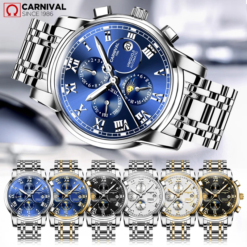 Carnival Brand Multifunction Moon Phase Mechanical Watch for Men Stainless Steel Waterproof Calendar Week Automatic Watches Mens