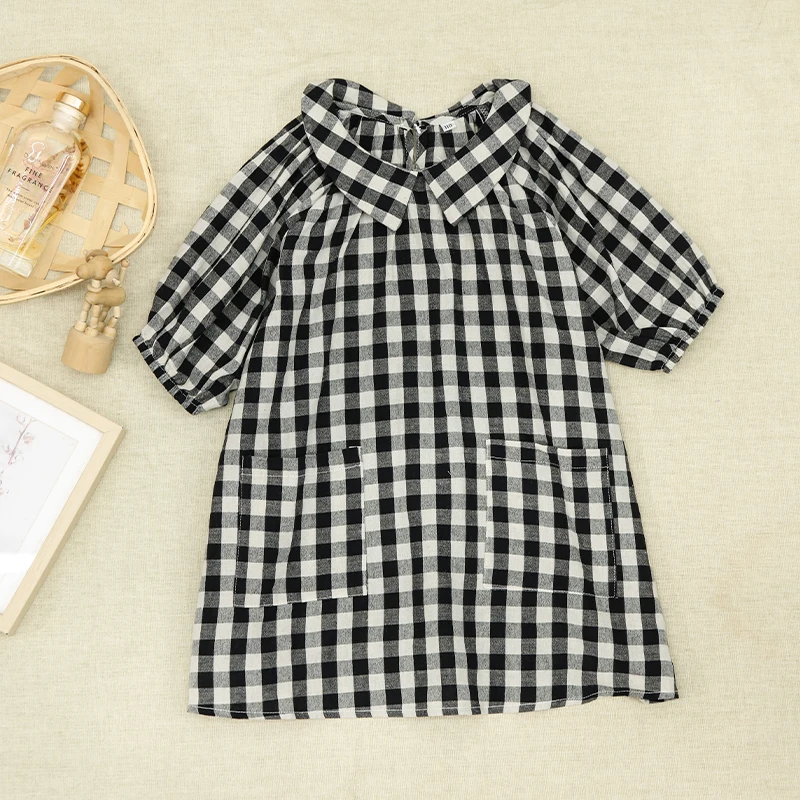 100% Cotton Retro Black And White Plaid Girls\' Dress  Summer New Children\'s Doll Collar Half-Sleeve Casual Loose Pockets Dresses