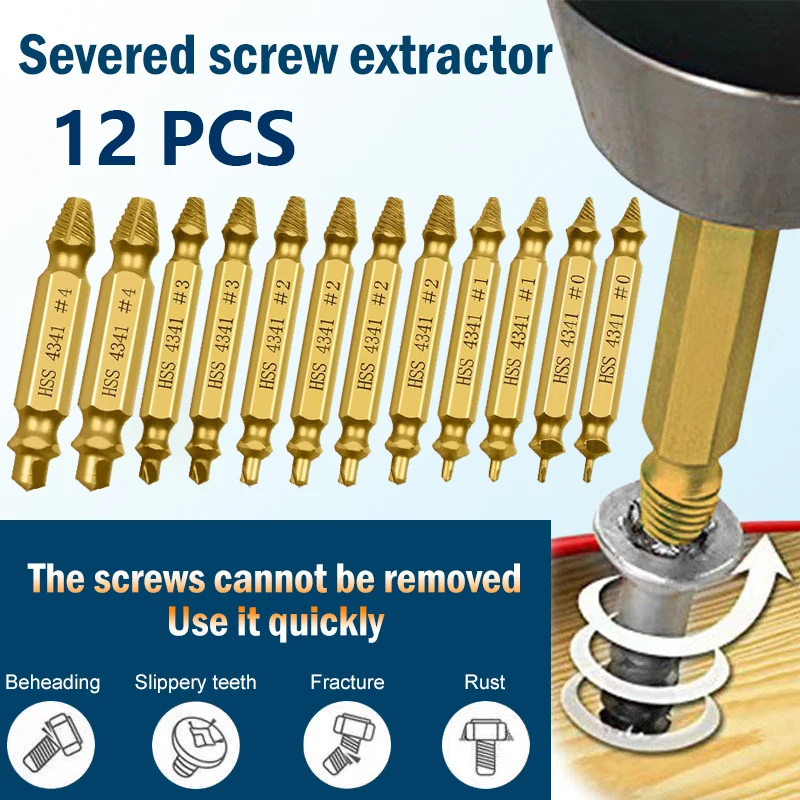 

12 шт., набор экстракторов поврежденных винтов, сверло из быстрорежущей стали, зачищенное сломанное средство, легко быстросъемный комплект, легкие электроинструменты для сноса