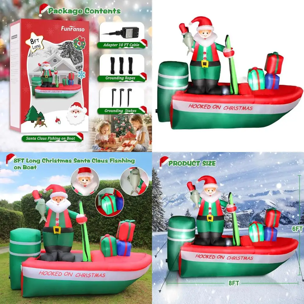 Barco de pesca gigante de Papá Noel de 8 pies inflable con regalos coloridos, decoraciones de patio de Navidad al aire libre con luces
