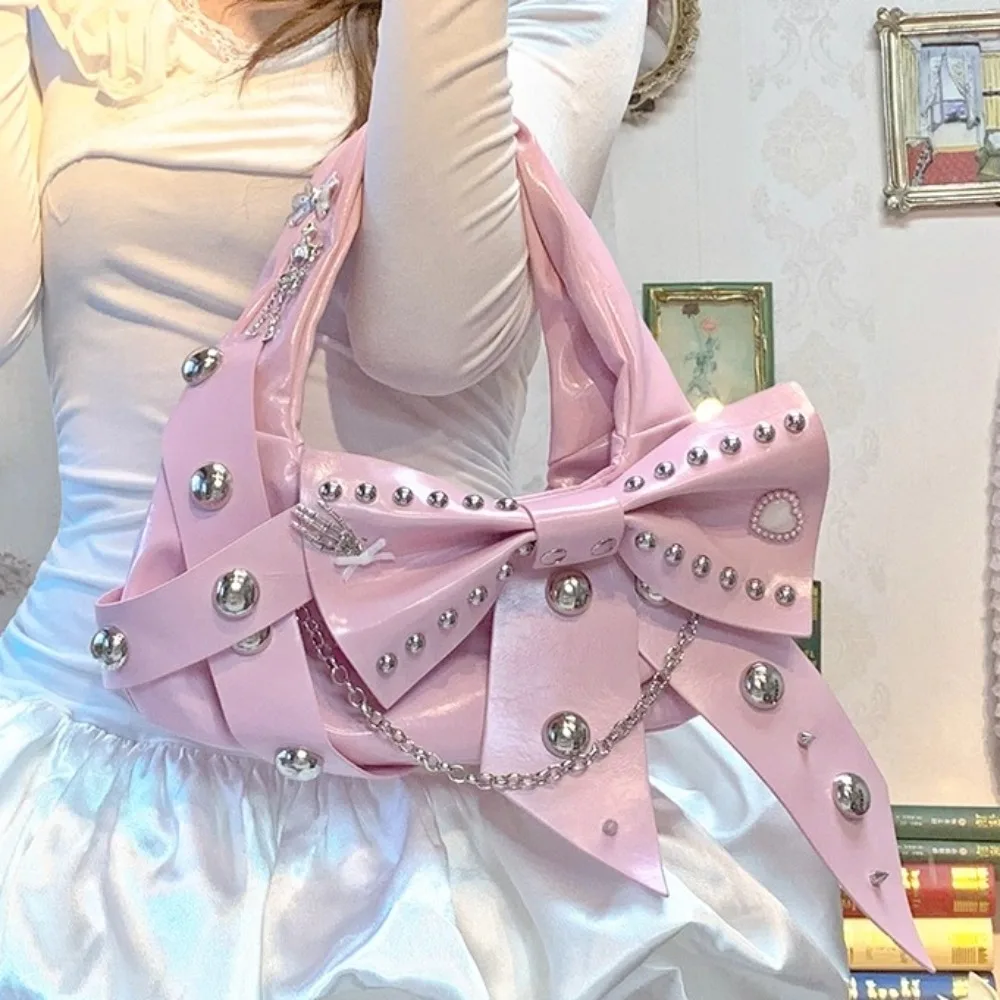 

Japanese Creative Bow Rivet Chain Bag Original Metal Punk Style Womens Handbag Harajuku Y2K Street Sweet and Cool Shoulder Bag