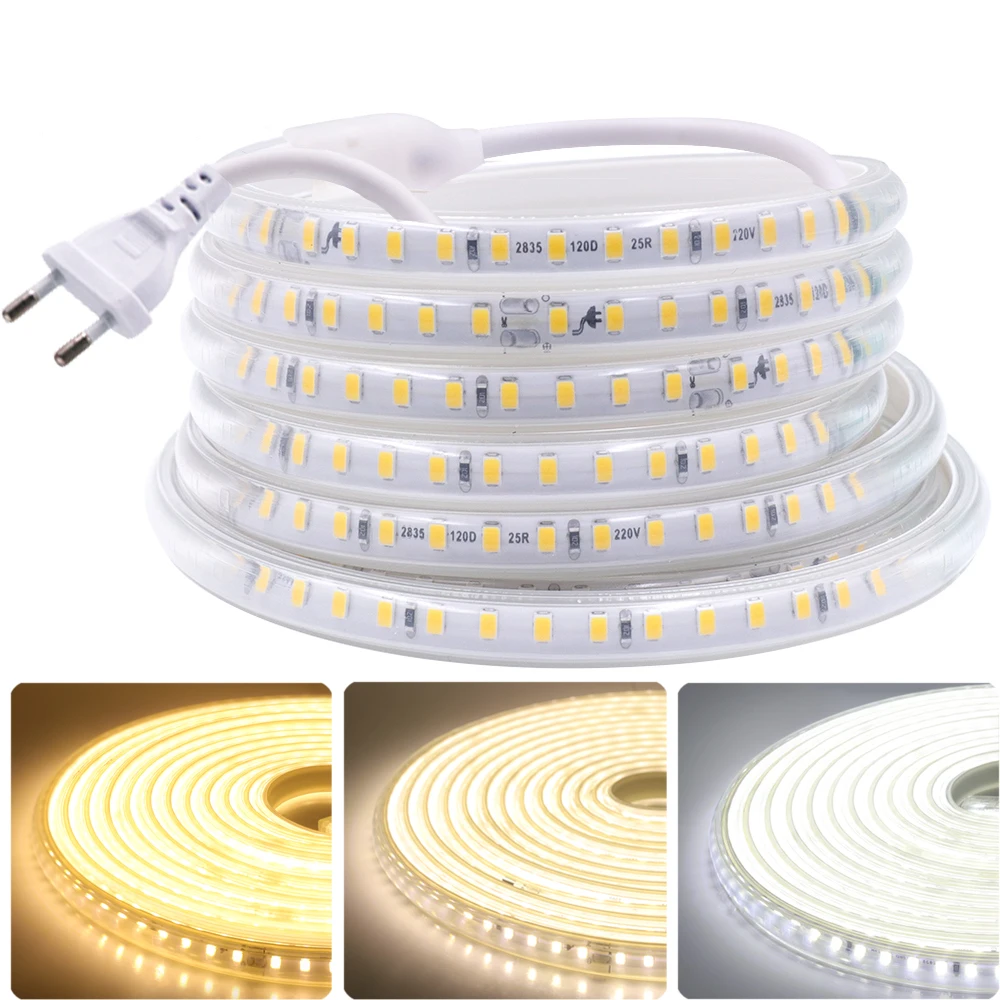 Tira de luces LED cortable de 20cm, cinta Flexible de 220V, 2835SMD, 120LED/m de alta calidad, impermeable, para exteriores, decoración del hogar