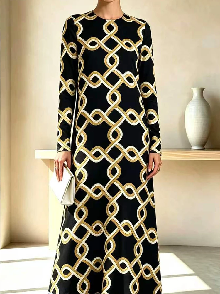 Long Sleeve Autumn Winter Fashion Print Maxi Dress Women O Neck Chic Loose Party Dress Elegant Patchwork Ladies Dress Streetwear