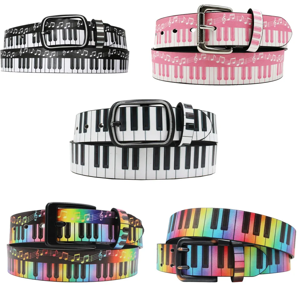 Black and White Piano Print PU Leather Belt Hip-hop Unisex Belt Versatile with Pin Buckle