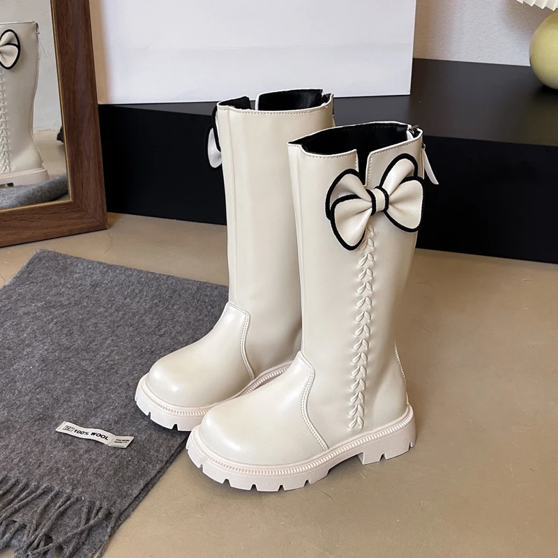 New Girls Fashion Princess Boots Sweet Bowknot Children Causal Mid-calf Boots Catwalk Wedding Party Kids Long Boots Round-toe
