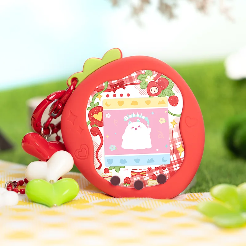 Em estoque tamagotchi uni eletrônico animal de estimação rosa morango silicone capa protetora decoração presente com painel pingente de papel