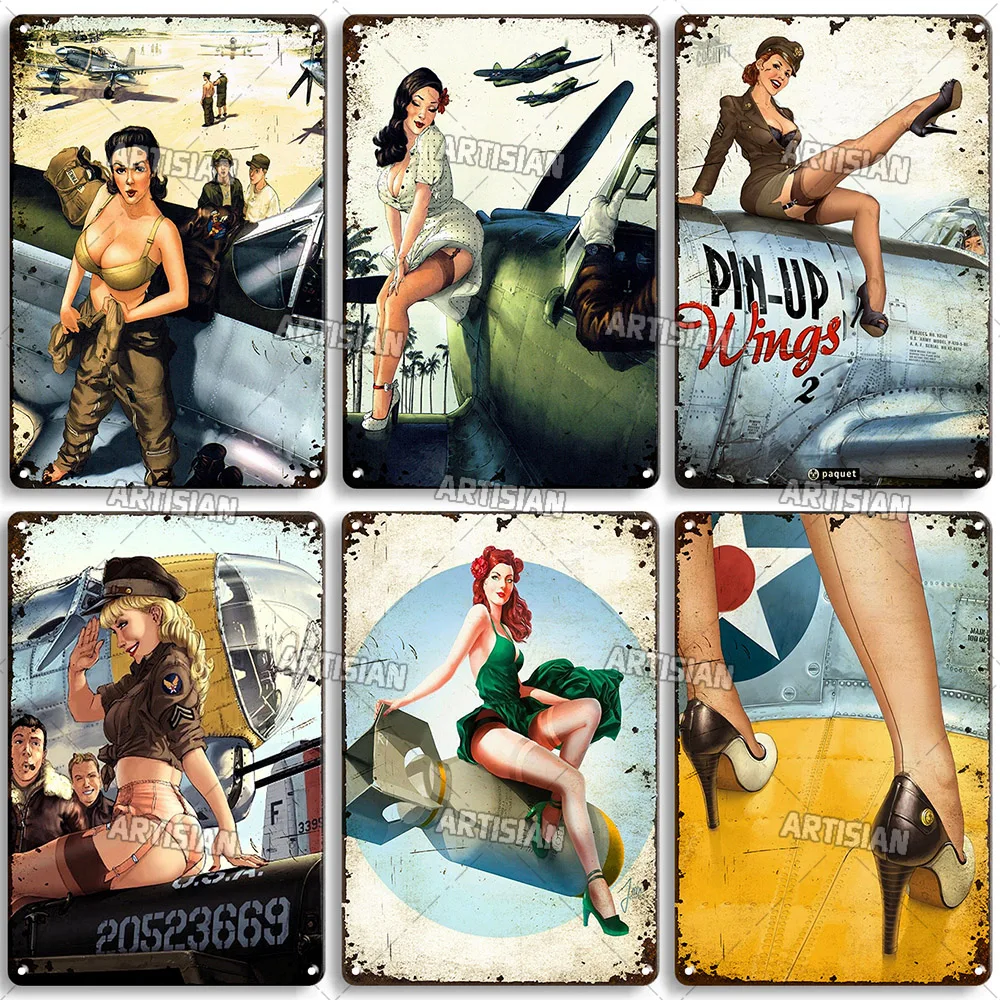 Air Force Girl Metal Tin Sign Wall Plate Pin Up Girl Bathroom Metal Poster Vintage Metal Plaque Bar Home Club Industrial Decor