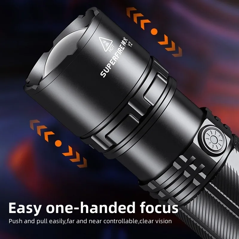 SUPERFIRE Y2 High Power Flashlight Super Bright with Tail Light 1000m Zoomable Torch USB C Rechargeable 6000mAh Battery Lantern