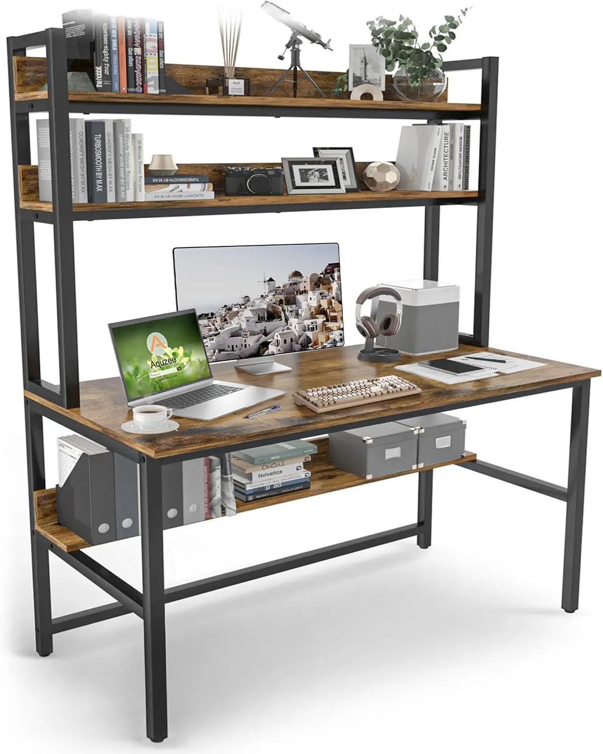 55 Inch Rustic Brown Computer Desk with Hutch & Bookshelves, Home Office Writing Gaming Table with Storage, Easy Assembly