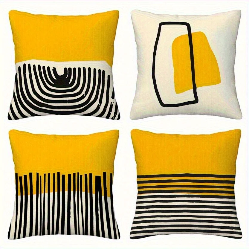 Juego  4 Fundas  Almohada Minimalistas Mornas con Estampado Geométrico, Fundas Cuadradas  Poliéster y Cojines Decorativo