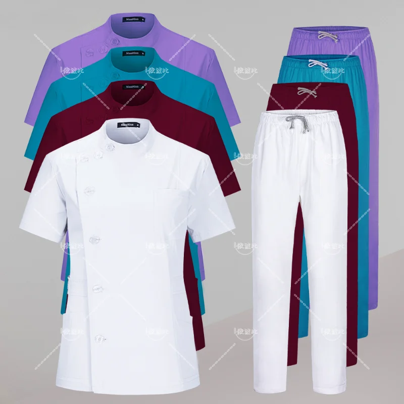 White Short Scrubs Top 3 Pockets Pants Medical Nurse Uniform Lab Coat Straight Leg Trousers Doctor Uniform for Women Spa Outwear