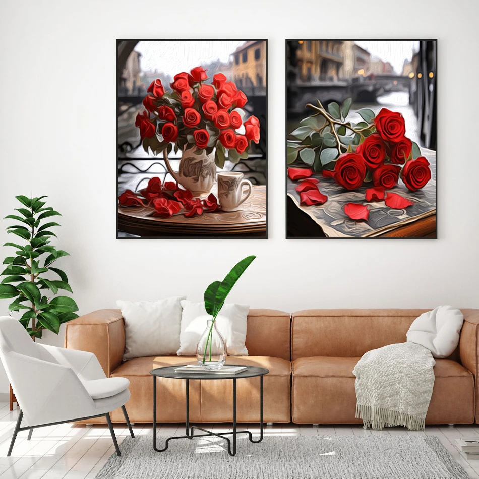 RUOPOTY Painting By Numbers Handwork Flowers Red Rose Grey Landscape Watercolor Handpainted Oil Painting On Canvas Room Decor