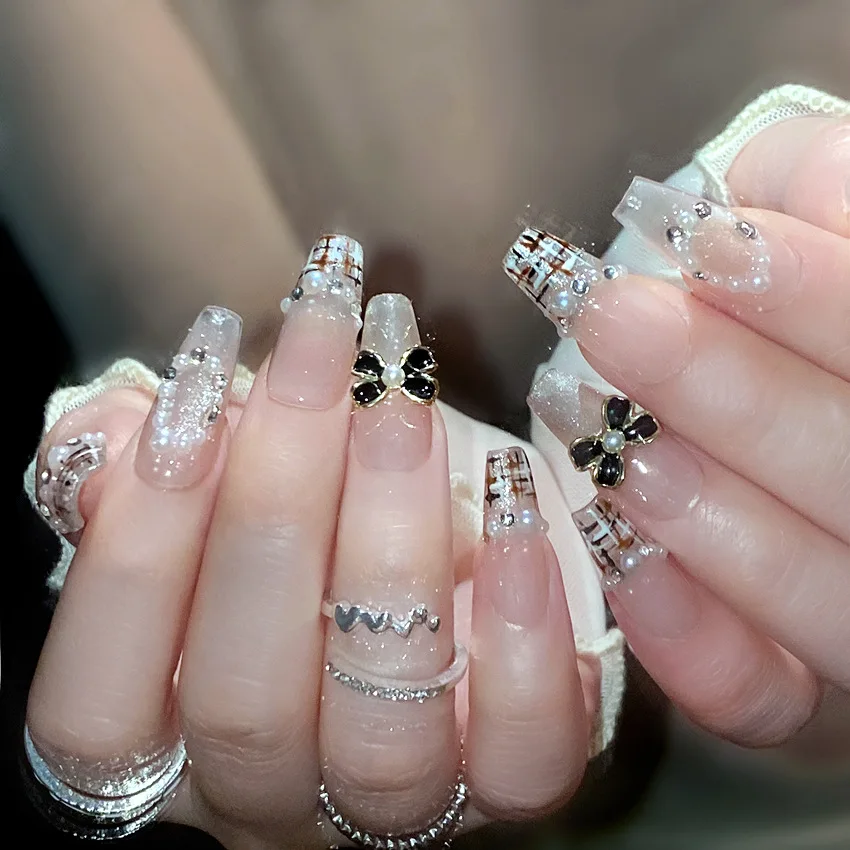 10 pçs artesanal imprensa em unhas outono inverno retro francês dicas de unhas falsas cobertura completa doce coreano senhora longo caixão unhas falsas