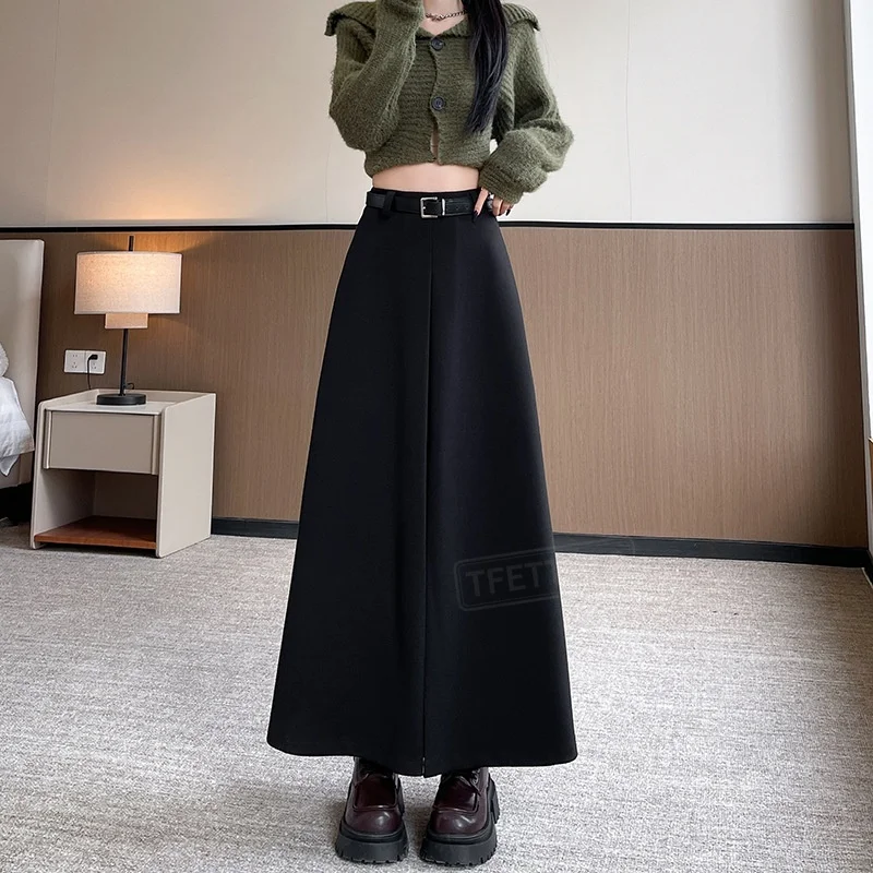 TFETTERS 2026 Fall Japanese Women Maxi Skirt Solid Wool Skirts for Women Office Trendy High-Waisted  Belt Vintage Long Skirt