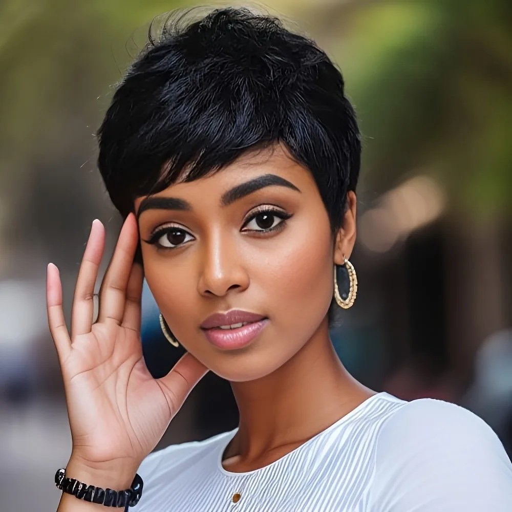 

Парик из натуральных волос Remy, стрижка пикси для женщин — полностью машинной работы, с челкой, натуральный черный цвет, плотность 150%, прямые волосы