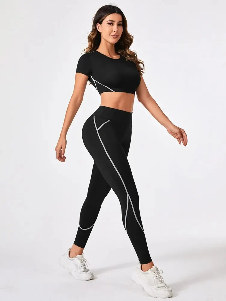 2 Pieces Short Sleeve Yoga Pilates Sports Suit Quick Dry Elastic Slim Fit Tracksuit Running Workout Breathable Training Wear Set