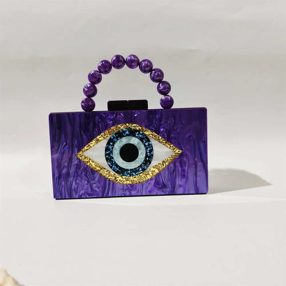 Marble Pearl Blue Acrylic Beaded Handle Women Box Clutches Handbag And Purse Brand Evil Eye Cartoon Small Female Wallet New Bags