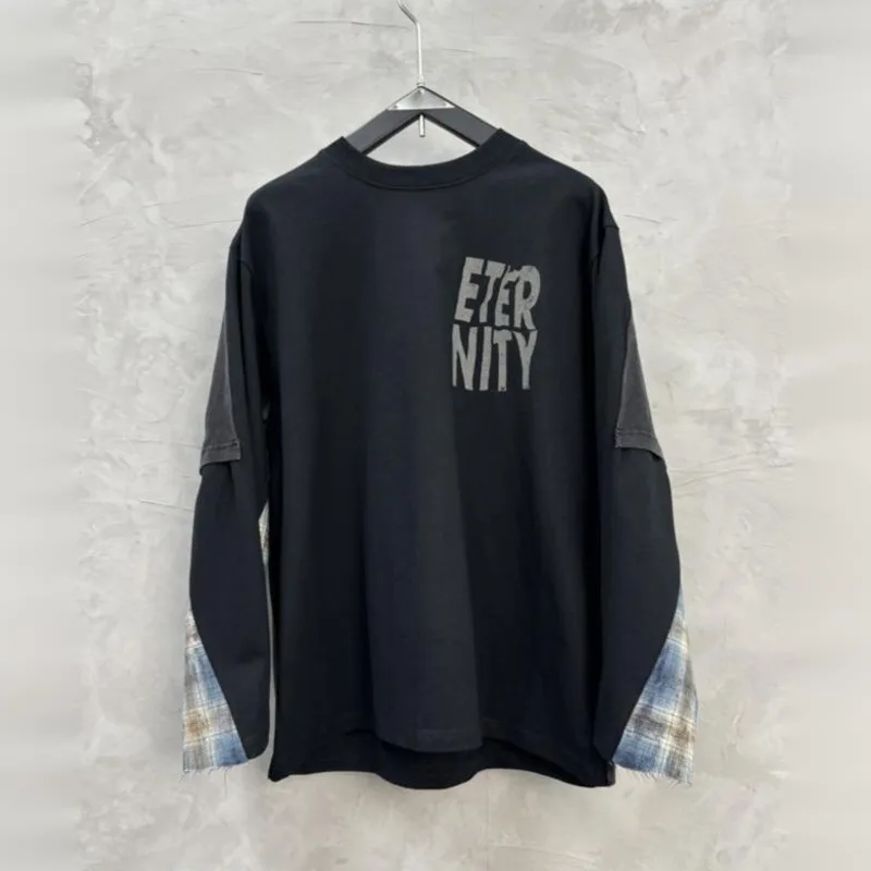 HKSH Design Distressed Color-Blocked Long-Sleeve T-shirt Trendy Casual Tops Autumn Winter New Men Tide Chic Ins Y2K Tees HK28119