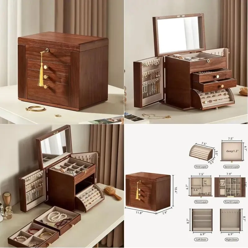 Solid Black Walnut 4 Layer Jewelry Storage Eco-friendly Wooden Case with 2 Side Doors and Wooden Craft Mirror