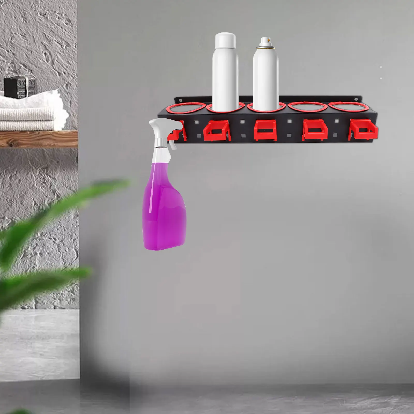 

Wall Mount Rack 5 Hooks Spray Bottle Holder Iron Car Beauty Shop Accessory Storage Organizer Bottle Rack
