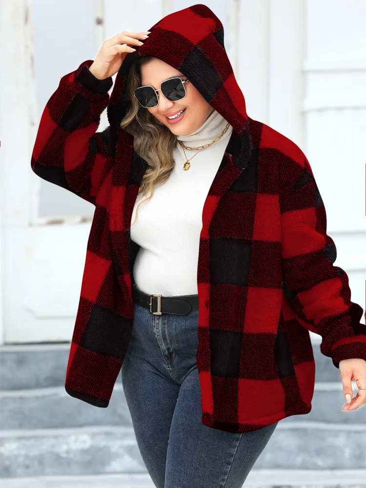 GIBSIE Plus Size Winter Plaid Coat Women New Autumn Single Breasted Hooded Jacket Woman Casual Long Sleeve Thick Warm Outerwear